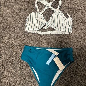 Cupshe Striped Bikini Top and Teal Bottoms L
